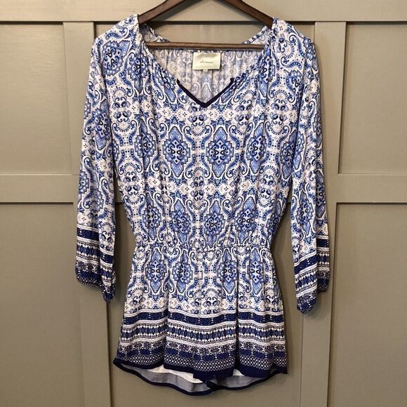 ANTHROPOLOGIE Elevenses Basia Blue Printed Long Sleeve Romper Size Small - Picture 4 of 10